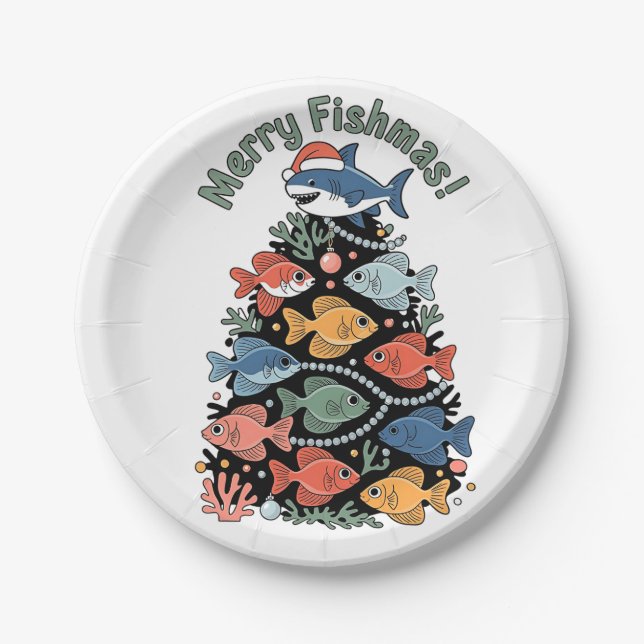 Merry Fishmas Christmas Tree Fish Funny Fishing Paper Plates (Front)