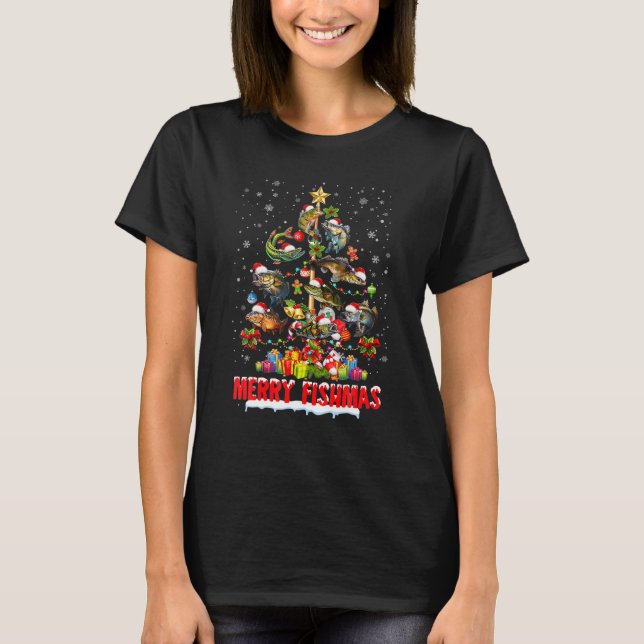 Merry Fishmas Christmas Tree Funny Fish Fishing Fi T-Shirt (Front)