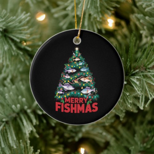 Merry Fishmas Christmas Tree Lights Fish Fishing  Ceramic Ornament