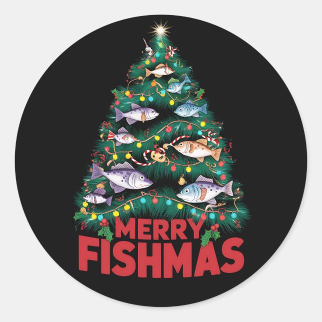 Merry Fishmas Christmas Tree Lights Fish Fishing  Classic Round Sticker (Front)