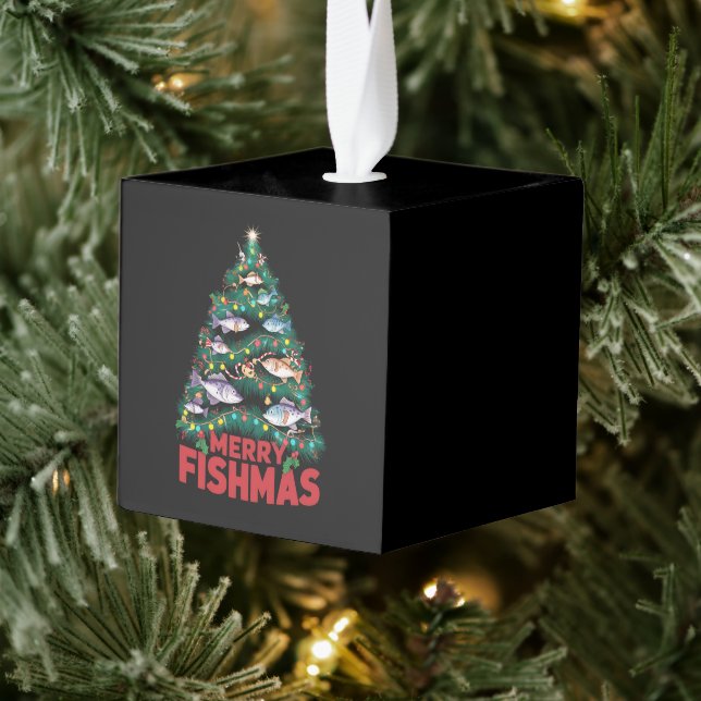 Merry Fishmas Christmas Tree Lights Fish Fishing  Cube Ornament (Tree)