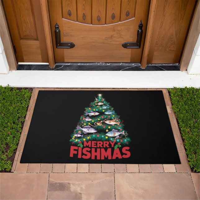 Merry Fishmas Christmas Tree Lights Fish Fishing  Doormat (Outdoor)