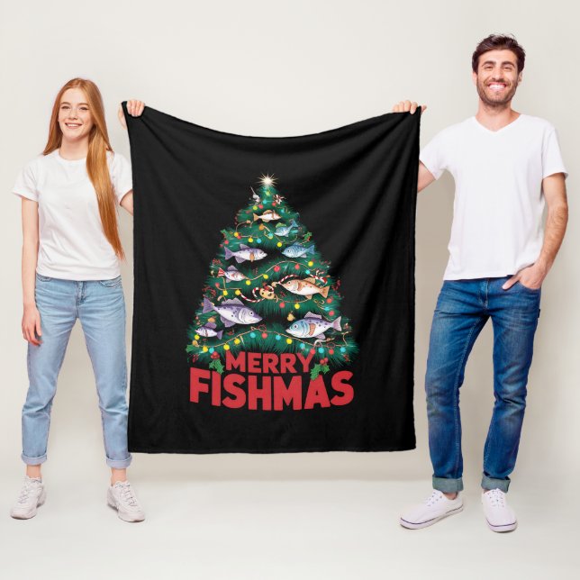 Merry Fishmas Christmas Tree Lights Fish Fishing  Fleece Blanket (In Situ)