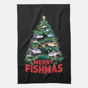 Merry Fishmas Christmas Tree Lights Fish Fishing  Kitchen Towel