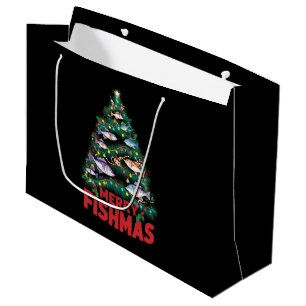 Merry Fishmas Christmas Tree Lights Fish Fishing Large Gift Bag