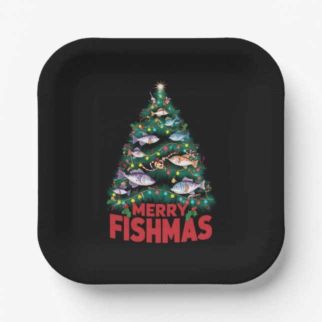 Merry Fishmas Christmas Tree Lights Fish Fishing  Paper Plates (Front)