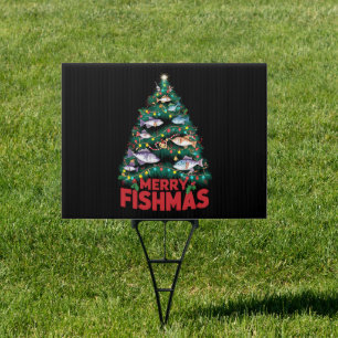 Merry Fishmas Christmas Tree Lights Fish Fishing  Sign