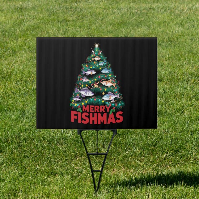 Merry Fishmas Christmas Tree Lights Fish Fishing  Sign (Insitu)