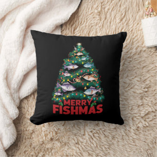Merry Fishmas Christmas Tree Lights Fish Fishing  Throw Pillow