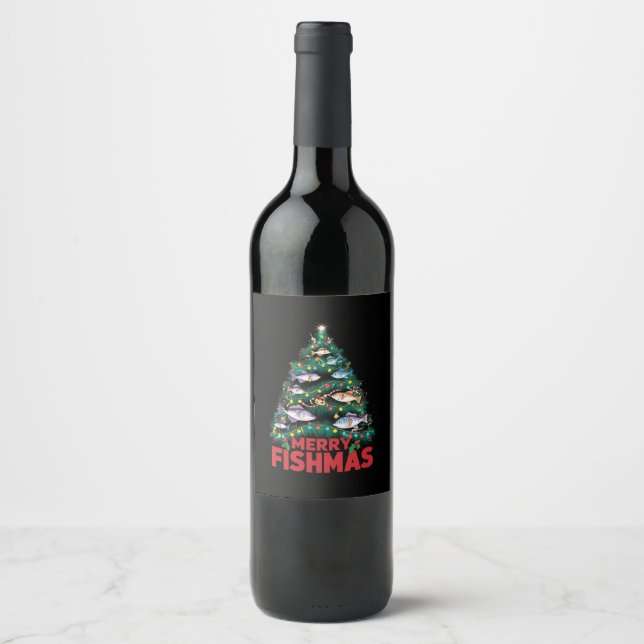 Merry Fishmas Christmas Tree Lights Fish Fishing  Wine Label (Front)