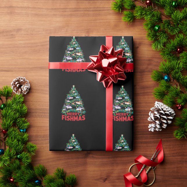 Merry Fishmas Christmas Tree Lights Fish Fishing  Wrapping Paper (Holiday Gift)