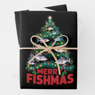 Merry Fishmas Christmas Tree Lights Fish Fishing Wrapping Paper Sheets