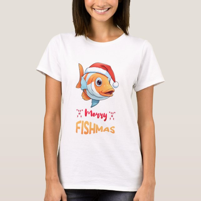 Merry Fishmas Cute Pet Lover Sea Santa Fish T-Shirt (Front)