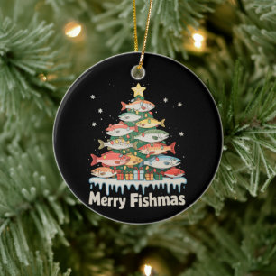 Merry Fishmas Fish Christmas Tree Lights Fisherman Ceramic Ornament