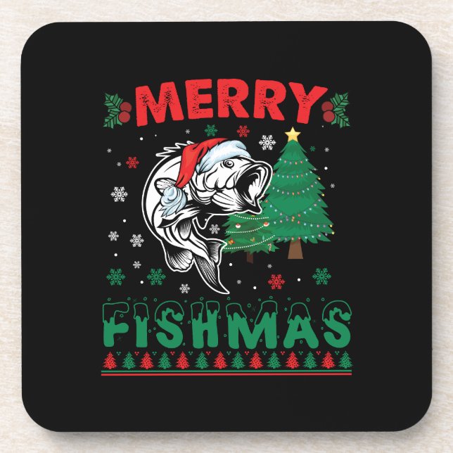 Merry Fishmas Fish Fishing Dad Fisherman Christmas Beverage Coaster (Front)