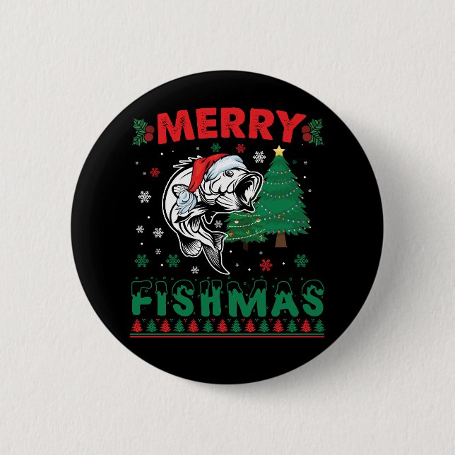 Merry Fishmas Fish Fishing Dad Fisherman Christmas Button (Front)