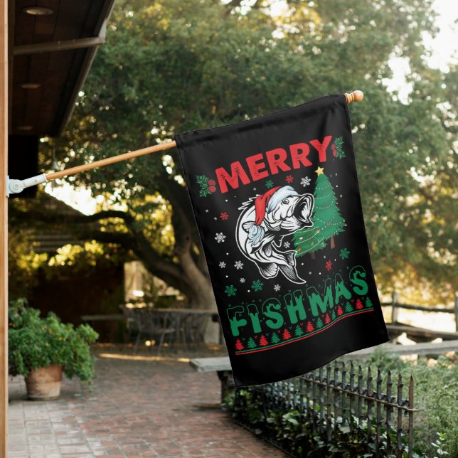 Merry Fishmas Fish Fishing Dad Fisherman Christmas House Flag (In SItu)