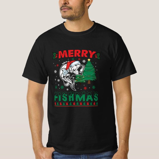 Merry Fishmas Fish Fishing Dad Fisherman Christmas T-Shirt (Front)