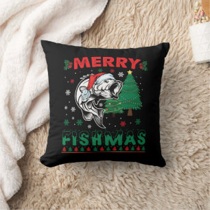 Merry Fishmas Fish Fishing Dad Fisherman Christmas Throw Pillow