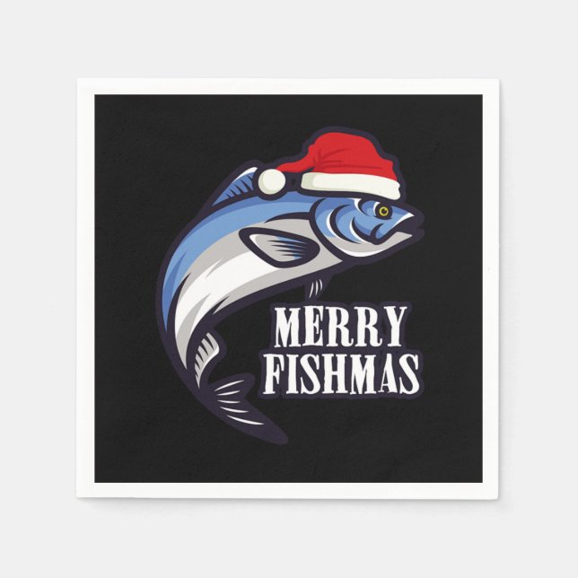 Merry Fishmas Fishing Fishermen Christmas Gift Napkins (Front)