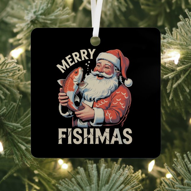Merry Fishmas Funny Christmas Santa Claus Fishing  Metal Ornament (Insitu)