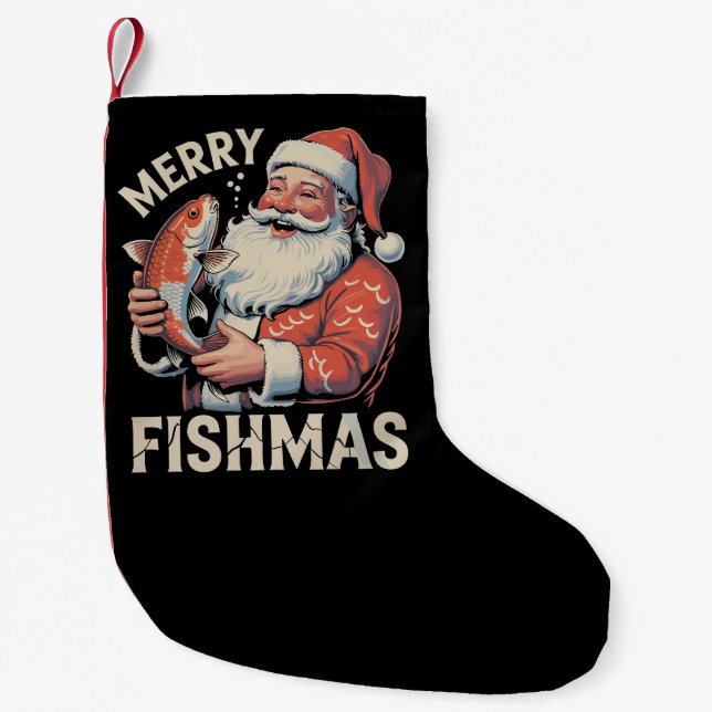 Merry Fishmas Funny Christmas Santa Claus Fishing  Small Christmas Stocking (Front)