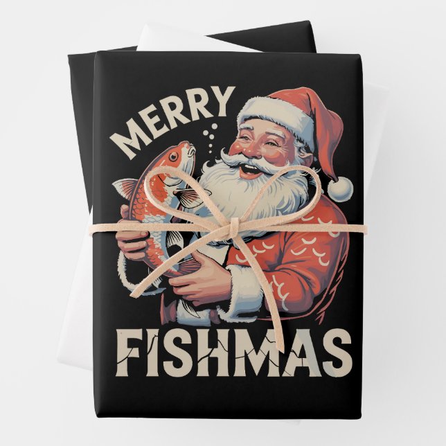 Merry Fishmas Funny Christmas Santa Claus Fishing  Wrapping Paper Sheets (In situ)