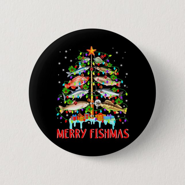 Merry Fishmas Funny Christmas Tree Lights Fish Button (Front)