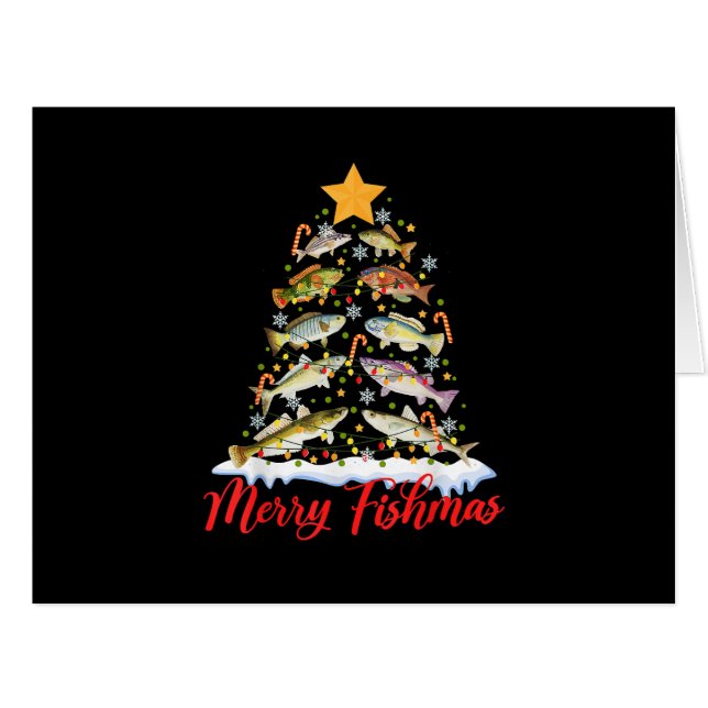 Merry Fishmas Funny Christmas Tree Lights Fish Fis Cards (Front Horizontal)