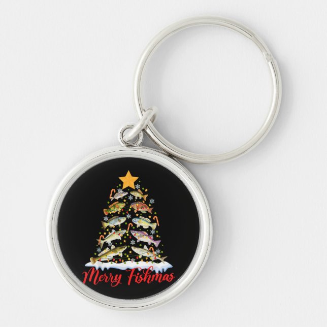 Merry Fishmas Funny Christmas Tree Lights Fish Fis Keychain (Front)