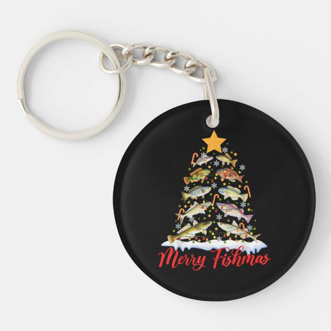 Merry Fishmas Funny Christmas Tree Lights Fish Fis Keychain (Front)