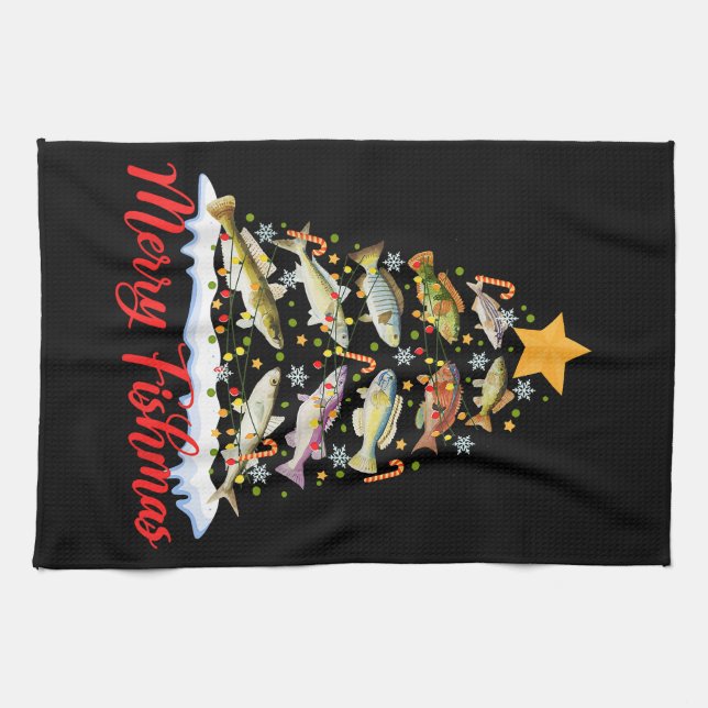 Merry Fishmas Funny Christmas Tree Lights Fish Fis Kitchen Towel (Horizontal)