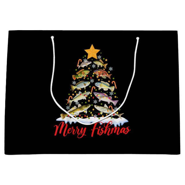 Merry Fishmas Funny Christmas Tree Lights Fish Fis Large Gift Bag (Front)