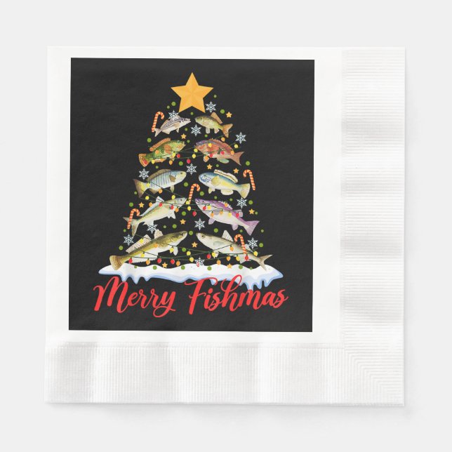 Merry Fishmas Funny Christmas Tree Lights Fish Fis Napkins (Front)