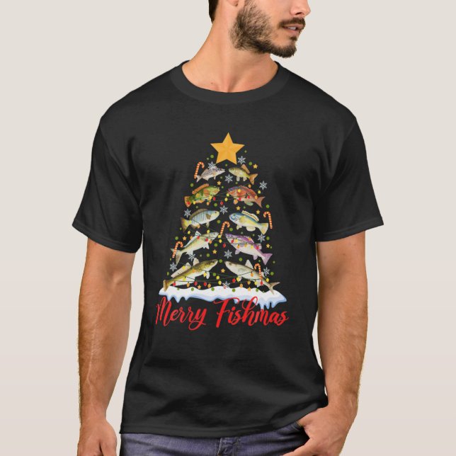 Merry Fishmas Funny Christmas Tree Lights Fish Fis T-Shirt (Front)