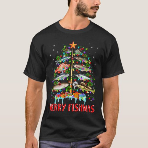 Merry Fishmas Funny Christmas Tree Lights Fish Fis T_Shirt