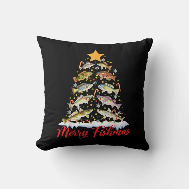 Merry Fishmas Funny Christmas Tree Lights Fish Fis Throw Pillow (Front)