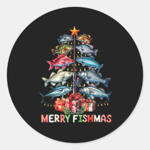 Merry Fishmas Funny Christmas Tree Lights Fishing Classic Round Sticker
