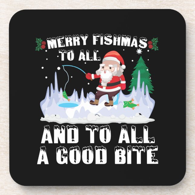 Merry Fishmas Funny Fish Fishing Fisherman Xmas Beverage Coaster (Front)