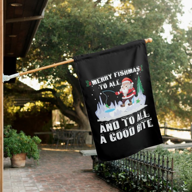 Merry Fishmas Funny Fish Fishing Fisherman Xmas House Flag (In SItu)