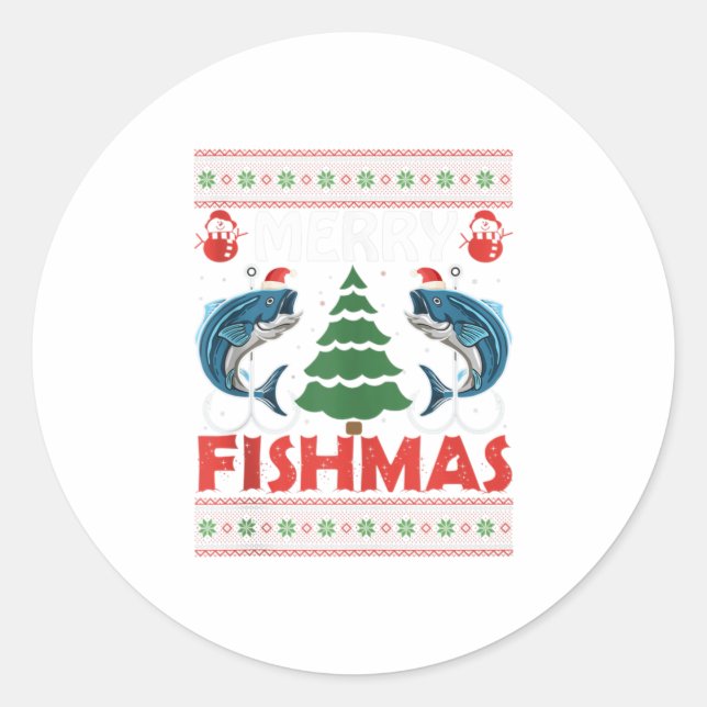 Merry Fishmas Funny Fishing Christmas Classic Round Sticker (Front)