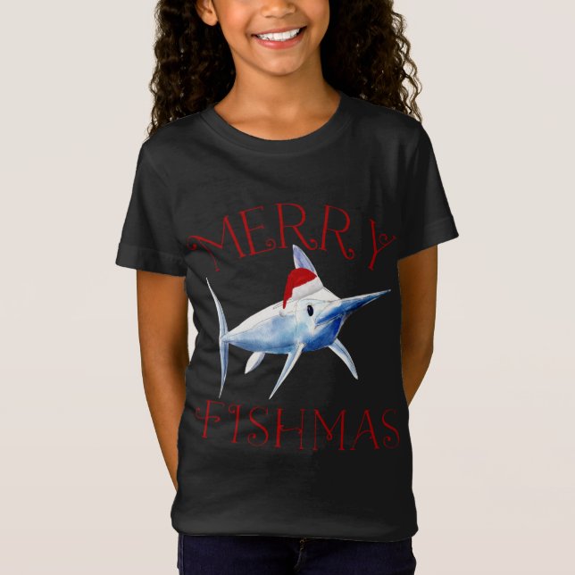 Merry Fishmas Marlin Santa Hat Christmas T-Shirt (Front)