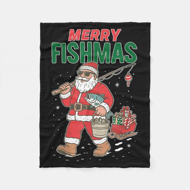 Merry Fishmas Santa Fishing Funny Christmas Fisher Fleece Blanket (Front)