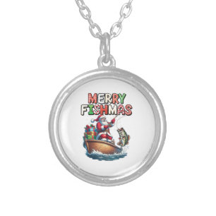 Merry Fishmas Santa Fishing Lovers Funny Fisherman Silver Plated Necklace