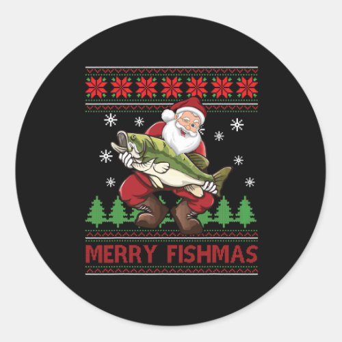 Merry Fishmas Santa Fishing Ugly Christmas Sweater Classic Round Sticker