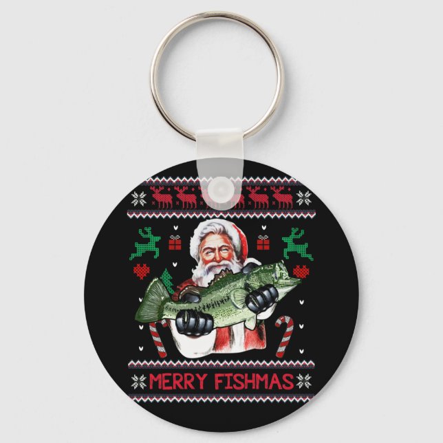 Merry Fishmas Santa Fishing Ugly Christmas Sweater Keychain (Front)