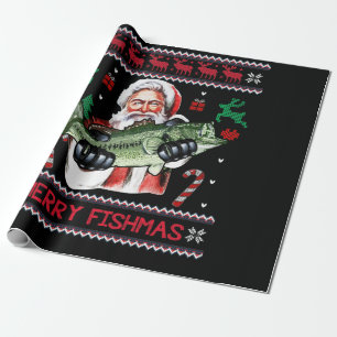 Merry Fishmas Santa Fishing Ugly Christmas Sweater Wrapping Paper