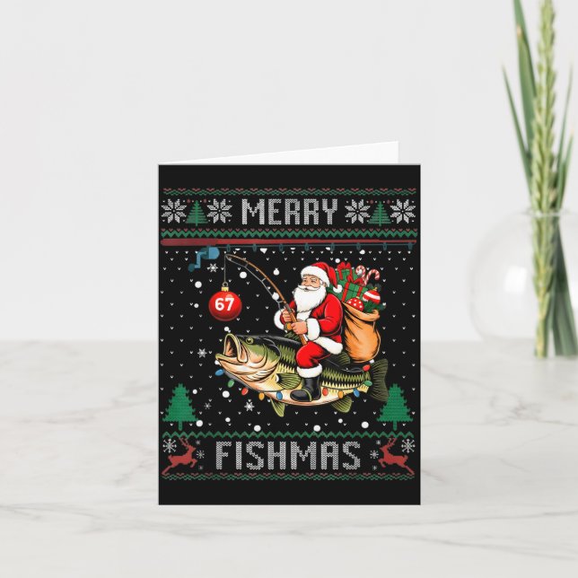 Merry Fishmas Santa Riding B Fish Christmas Ugly S Card (Front)