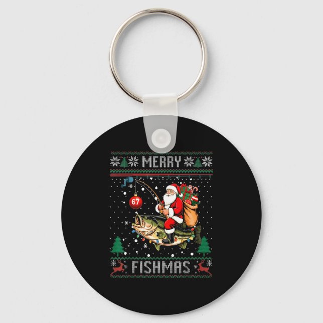 Merry Fishmas Santa Riding B Fish Christmas Ugly S Keychain (Front)