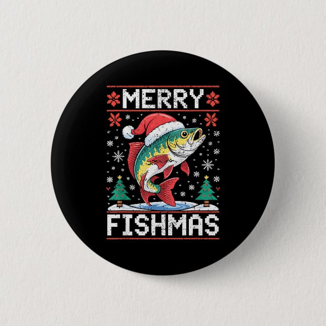 Merry Fishmas Ugly Christmas Sweater Fishing Lover Button (Front)